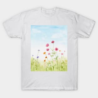 Spring flower field under blue sky, watercolor painting wild flowers, daisy, cosmos, refreshing nature landscape T-Shirt
